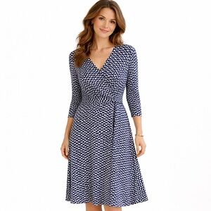 Brooks Brothers Navy White Print Wrap Dress 3/4 Sleeve Size M